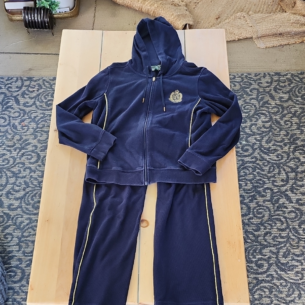 VNTG Ralph Lauren Navy Gold 100% Cotton Tracksuit FullZip Hoodie & Pant Lg & Md